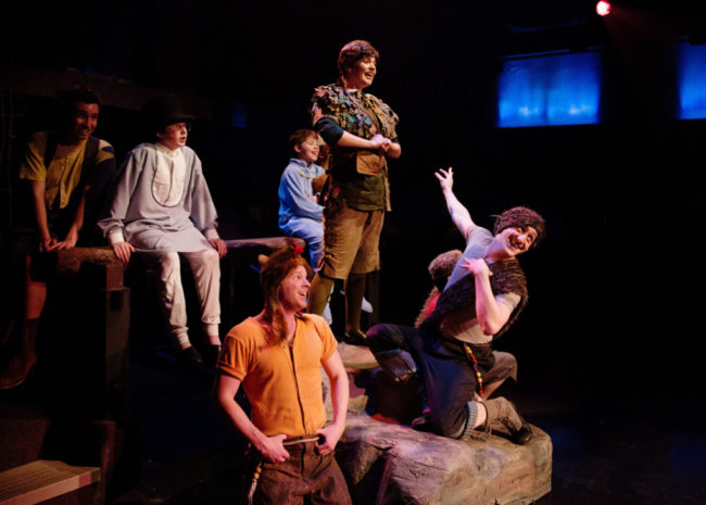 MaryKate Brouillet (center) as Peter Pan with Jordan Moral (back left) as Tootles,  Brian Rusk (back center) as John Darling, Gavin Willard (back right) as Michael Darling, AJ Whittenberger (front left) as Slightly and Chris Rudy (front right) as Nibs in Peter Pan