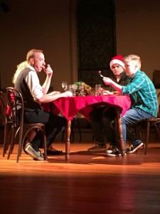 Rich Espey (left) as Peter, Zach Bopst (right) as Cole and Logan Davidson (far right) as Nora in Aphorisms on Gender at Cohesion Theatre Company