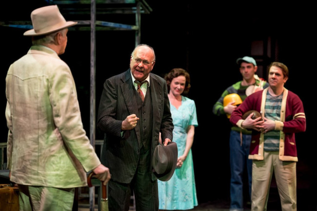 (L to R) Carl Schurr as Uncle Ben, Wil Love as Willy Loman, Deborah Hazlett as Linda Loman, Danny Gavigan as Happy Loman, and Chris Genebach as Biff Loman in Death of a Salesman at Everyman Theatre