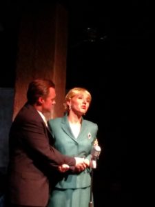 A tech-week rehearsal shot of Bart Debicki (left) as Juan Perón and Becca Vourvoulas (right) as Eva Perón in Evita at Spotlighters Theatre