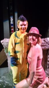 Judah Latshaw (left) as Flounder and TheatreBloom Reviewer Amanda N. Gunther (right) at Milburn Stone Theatre's The Little Mermaid