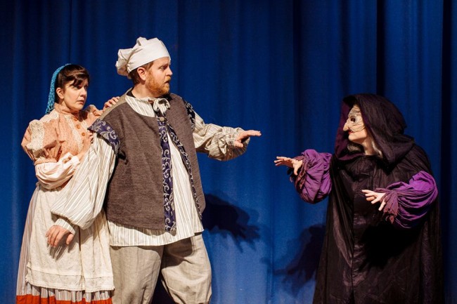 Barbara Hartzell (left) as The Baker's Wife, Ryan Geiger (center) as The Baker, and Kristen Zwobot (right) as The Witch in Into the Woods