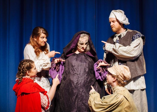 Kristen Zwobot (center) as The Witch with Megan D'Alessandro (top left) as Cinderella, Ryan Geiger (top right) as The Baker, and Noah Maenner (bottom right) as Jack in Into the Woods
