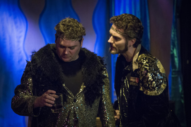 Jack Evans (left) as Oedipus and Eric Jones (right) as Creon in Oedipus Rox! at Maryland Ensemble Theatre