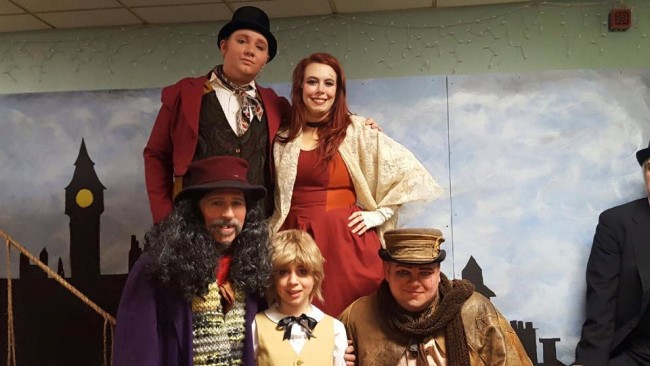 William Zellhofer (top left) as Artful Dodger, Mea Holloway (top right) as Nancy, James Fitzpatrick (bottom left) as Fagin, Andi Rudai (center) as Oliver and Lance Bankerd (bottom right) as Bill Sykes in Third Wall Productions' inaugural performance of Oliver!