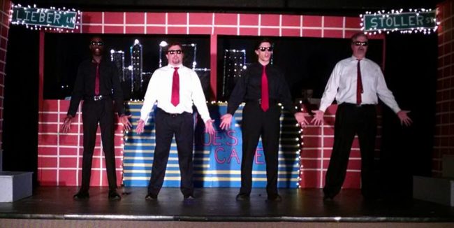 (L to R) Thomas Ogar, Tom Hartzell, Josh Schoff, and Alexis Lans in Smokey Joe's Cafe performing "On Broadway" 