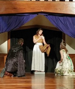 Chris Cotterman (left) as Leontes, Valerie Dowdle (center) as Hermione, and Kathryn Zoerb (right) as Perdita in The Winter's Tale