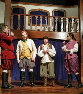 (L to R) David Forrer as Antigonus, Conrad Deitrick as Camillo, Jess Behar as Autolicus, and Shira Concool as Cleomenes in The Winter's Tale