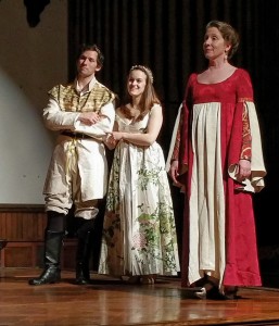 Brendan Kennedy (left) as Florizel, Kathryn Zoerb (center) as Perdita, and Marianne Gazzola Angelella (right) as Paulina in The Winter's Tale