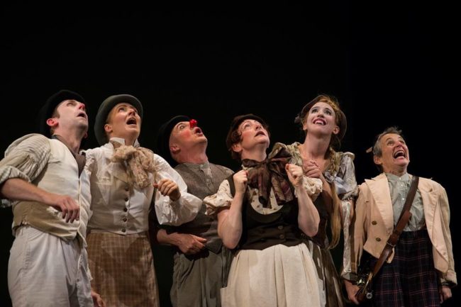 (L to R) The members of Happenstance Theater: Alex Vernon, Gwen Grastorf, Mark Jaster, Sabrina Mandell, Sarah Olmsted Thomas, and Karen Hansen in BrouHaHa at Baltimore Theatre Project