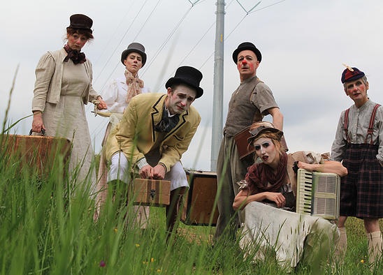 (L to R) The Members of Happenstance Theater: Sabrina Mandell, Gwen Grastorf, Alex Vernon, Mark Jaster, Sarah Olmsted Thomas, and Karen Hansen in BrouHaHa