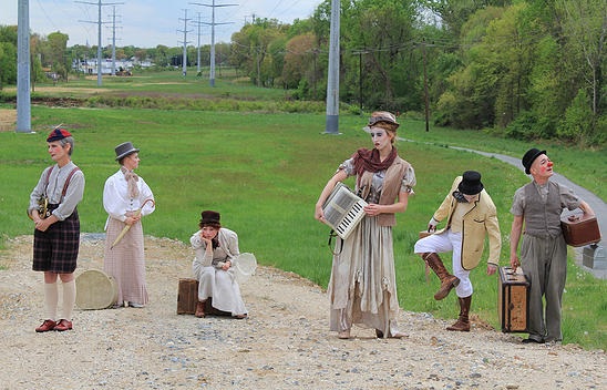 (L to R) The members of Happenstance Theater: Karen Hansen, Gwen Grastorf, Sabrina Mandell, Sarah Olmsted Thomas, Alex Vernon, and Mark Jaster in BrouHaHa