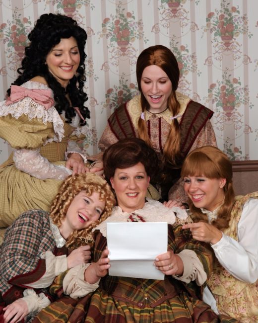 Amy Luchey (top left) as Meg and Sherry Benedek (top right) as Jo, with Jennie Phelps (bottom left) as Amy, Eileen Keenan Aubele (center) as Marmee, and Allison Comotto (bottom right) as Beth in Little Women