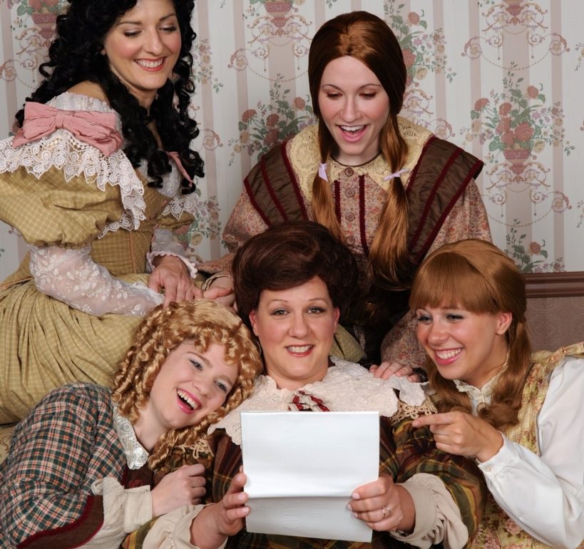 Amy Luchey (top left) as Meg and Sherry Benedek (top right) as Jo, with Jennie Phelps (bottom left) as Amy, Eileen Keenan Aubele (center) as Marmee, and Allison Comotto (bottom right) as Beth in Little Women