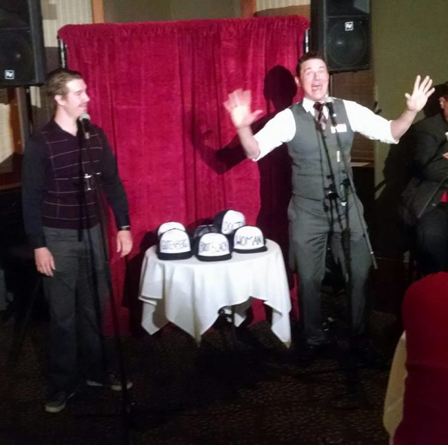 Justin Calhoun (left) and David Jennings (right) performing bits from the upcoming Epic! Productions performance of Gutenberg! The Musical at Broadway in Baltimore: An Epic Evening Gala Fundraiser Event