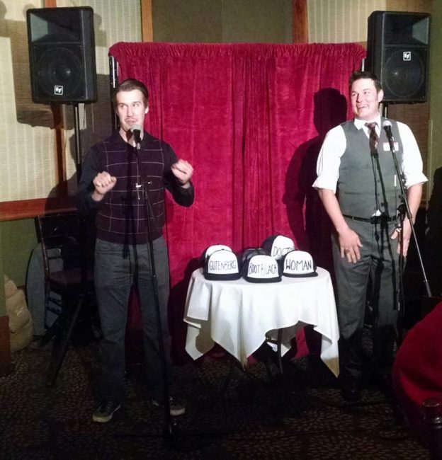 Justin Calhoun (left) and David Jennings (right) performing bits from the upcoming Epic! Productions performance of Gutenberg! The Musical at Broadway in Baltimore: An Epic Evening Gala Fundraiser Event