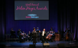 Hosts E. Faye Butler (left) and Lawrence Redmond (right) get the evening started at the 2016 Helen Hayes Awards