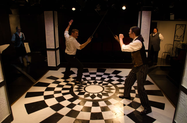 Nathan Parry (left) as Le Vicomte de Valmont and Jeffrey L. Springtree Gangwisch (right) as Le Chevalier Danceny