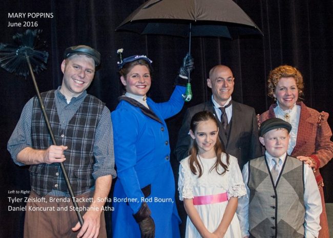 (L to R) Tyler Zeisloft as Bert, Brenda Tackett as Mary Poppins, Sofia Bordner as Jane, Rod Bourn as Mr. Banks, Daniel Koncurat as Michael, and Stephanie Altha as Mrs. Banks