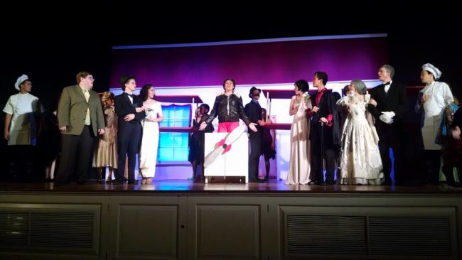 Elisabeth Wall (center) as Trix and the cast of The Drowsy Chaperone