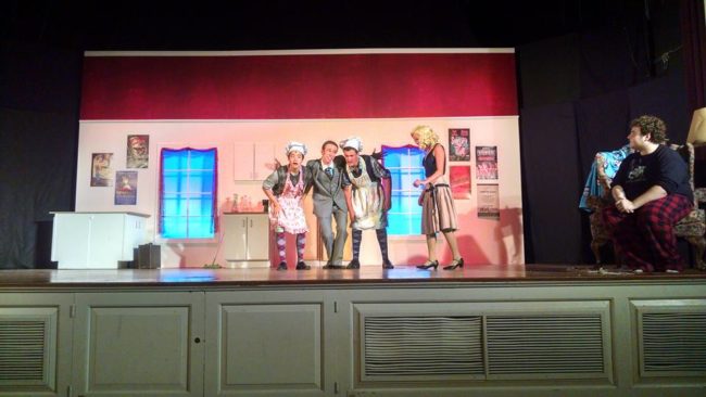 (L to R) Han Wagner as Gangster 2, Zach Roth as Feldzieg, Michael Stromberg as Gangster 1, Lydia Newman as Kitty, and Jenna Buzard as Man in Chair