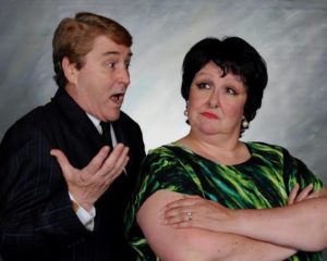 Tom Wyatt (left) as Harlow Edison and Liz Boyer Hunnicutt (right) as Nell Nash in The Gazebo