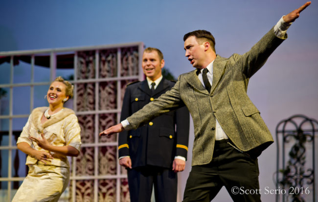 Lindsey McCumber (left) as Elsa, Tyler Daniel Zeisloft (center) as Captain von Trapp, and Ruben Ward (right) as Max Detweiler