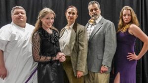 The Tomb Family Siblings: (L to R) Rob Allen as Marcus, Jeanne Louise as Dora, Maribeth Vogel as Emily, Rich Koster as Lucien, and Stephanie Allender as Monica