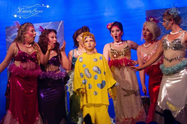 Ian Jones (center) as Flounder and the Mersisters (Aly Marks, Colleen Esposito, Lily Ertel, Jenny Yarmis, Ava Ertel, and Ellen Manuel-Smith)