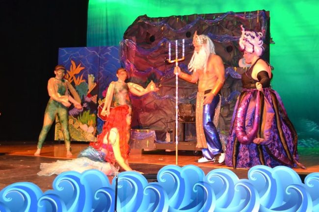 (L to R) Lucy DeBaugh as Flotsam, Cecelia DeBaugh as Jetsam, lyssa Rubin as Ariel, Casey Gomes as King Triton, and Kat Lemon as Ursula