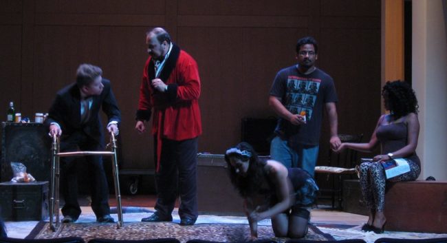 (L to R) Tim Neil as Ducksworth, Bob Singer as Brad, Chara Bauer as Consuela, Justin Lawson Isett as Tommy, and Mia N. Robinson as Janet in Affluenza by Paddy O'Carroll
