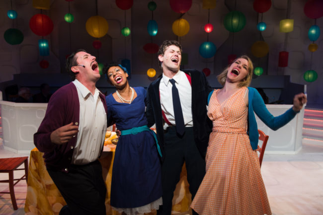 Ruben Vellekoop, Patricia "Pep" Targete, Matthew Hirsh, and Mackenzie Newbury singing "(Our) Family Tree" in NextStop's Catch Me If You Can