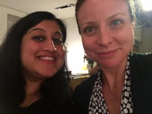 Ritija Gupta (left) and Stage Manager Linday Brown (right) celebrating a successful opening night of Charming The Destroyer