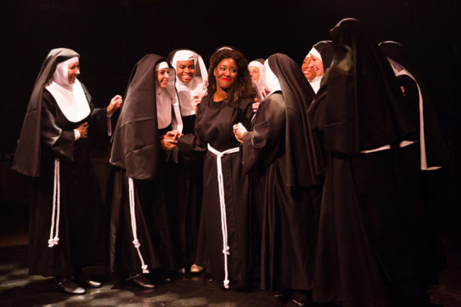 Ashley Johnson (center) as Deloris Van Cartier and her sisters in Sister Act at Toby's Dinner Theatre 