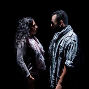 Sarah Corey (left) as Valeria and Ahmad Kamal (right) as Amor in I Call My Brothers