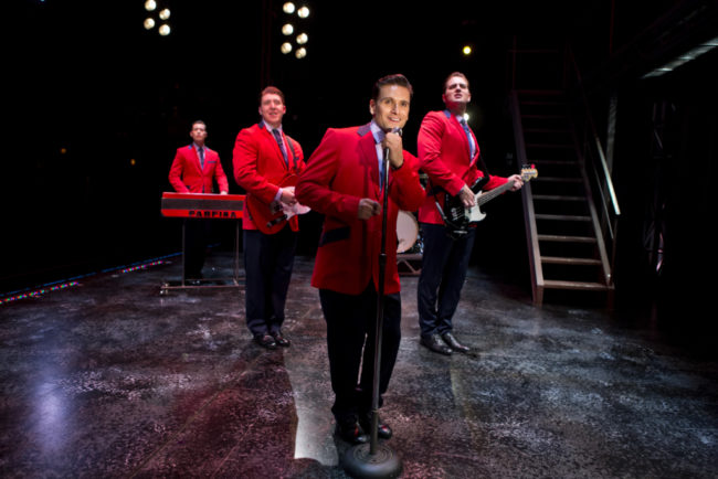 The Four Seasons (L to R) Drew Seeley as Bob Gaudio, Matthew Dailey as Tommy DeVito, Aaron De Jesus as Frankie Valli, and Keith Hines as Nick Massi, singing "Sherry" in Jersey Boys