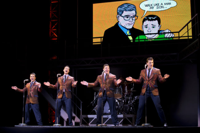 The Four Seasons (L to R) Aaron De Jesus as Frankie Valli, Drew Seeley as Bob Gaudio, Matthew Dailey as Tommy DeVito, and Keith Hines as Nick Massi singing "Walk Like A Man" in Jersey Boys