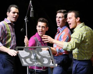 ERSEY BOYS - Broadway Company - August Wilson Theatre - New York, NY (Pictured, L-R) J. Robert Spencer (Nick Massi), Michael Longoria (Frankie Valli),  Daniel Reichard (Bob Gaudio) & Christian Hoff (Tommy DeVito)