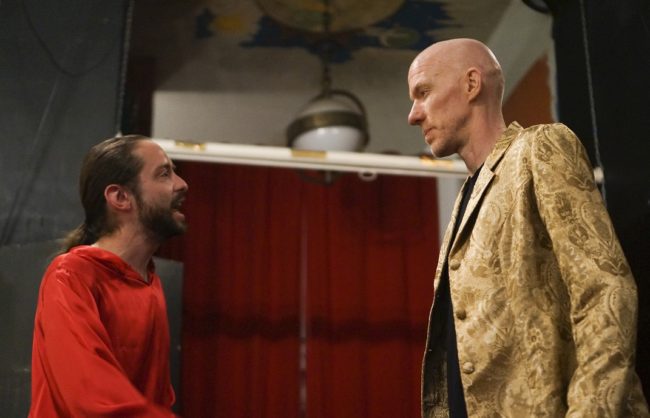 Scott Burke (left) as Junius Brutus Booth playing Richard III and Alex Hacker (right) as Flynn playing Henry VI
