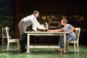 Elinor Dashwood (R- Maggie McDowell) shares a writing table with her new acquaintance Edward Ferrars (L- Jamie Smithson) in Folger Theatre’s Sense & Sensibility.