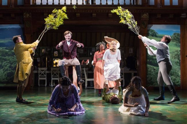 John Willoughby (Jacob Fishel and Marianne Dashwood (Erin Weaver) on a horse carriage ride in Folger Theatre’s Sense & Sensibility. On stage September 13 – October 30, 2016. Photo by Teresa Wood. (also pictured, l to r: Michael Glenn, Lisa Birnbaum, Caroline Stephanie Clay, Nicole Kang, Jamie Smithson.)