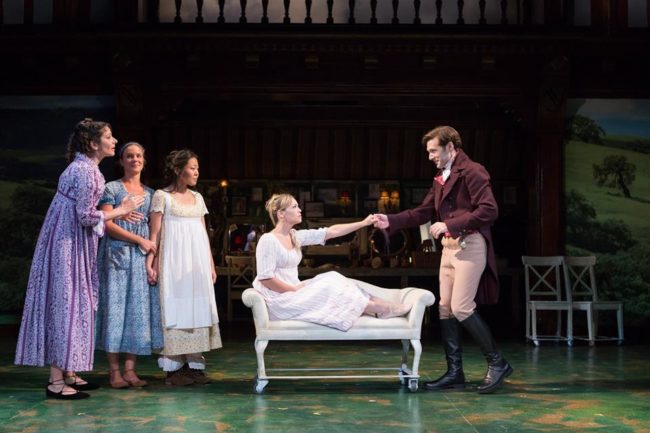 Mrs. Dashwood (Lisa Birnbaum, far left) and her daughters (Maggie McDowell, Nicole Kang) look on with great joy as the dashing John Willoughby (Jacob Fishel) bids farewell to Marianne (Erin Weaver) in Folger Theatre’s Sense & Sensibility.