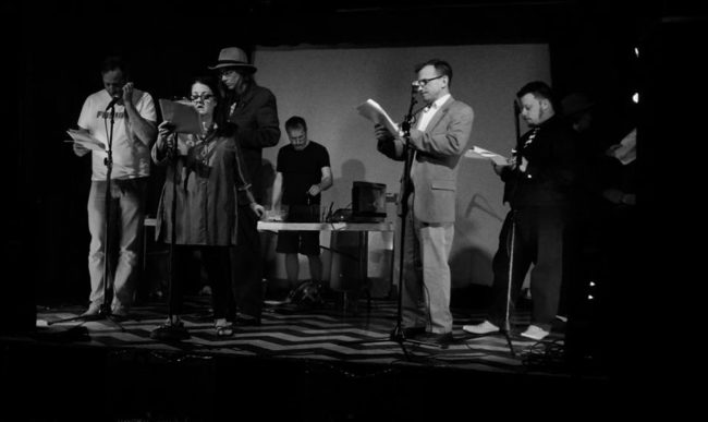 (L to R) Michael Stevenson as Earl, Alix Tobey Southwick as Sef, Jeffrey L. Gangwisch as James, Dave Marcoot on Foley, Douglas Johnson as Sal, and Todd Gardner as George in "Highway 11: Part 1" by Zachary Yarosz and Lisa Hillring