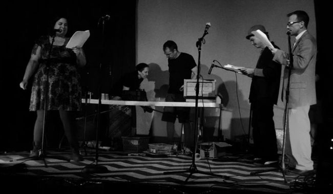 (L to R) Peggy Hackerman as Jimmy the Dummy, Eidhnean Illuviel and Dave Marcoot on Foley, Mike Jancz as Sammy the Ventriloquist, and Douglas Johnson as Heckler in "Dummy Up" by Todd Gardner