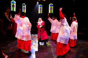 Lynne Sigler (center) as Sister Mary Lazarus and the altar boys (L to R Andre Hinds, Darren McDonnell, David Jennings, Jeffrey Shankle) 