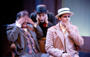 Tony Tsendeas (left) as Sir Toby Belch, Jamison Foreman (center) as Feste and Johnny Weissgerber (right) as Sir Andrew Aguecheek