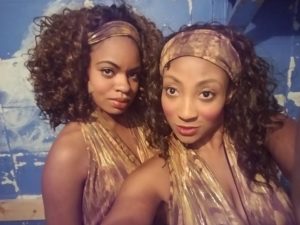 Ashley K. Nicholas (left) and Samantha McEwen Deininger (right) as Deloris Van Cartier's back-up singers in Sister Act