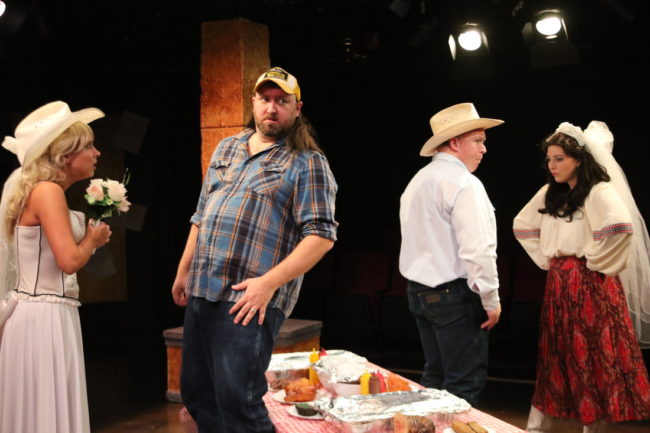 (L to R) Allison Comotto as Gutrune, Jim Gross as Gunther, Rob Wall as Siegfeld, and Clare Kneebone as Brünnhilde