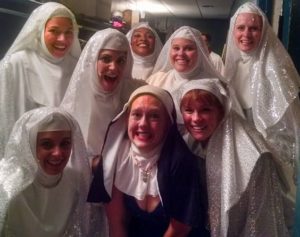 A little Nun Fun with members of the Nunsemble (pictured back row L to R: Coby Kay Callahan, MaryKate Brouillet, Samantha McEwen Deininger, Amy E. Haynes, and Elizabeth Rayca. Front-row L to R: Rachel Kemp, TheatreBloom Writer Amanda N. Gunther, and Teresa Danskey.) 