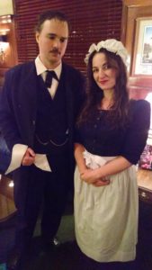 John Kelso (left) as Edgar Allan Poe and Erin Tarpley (right) as The Barmaid